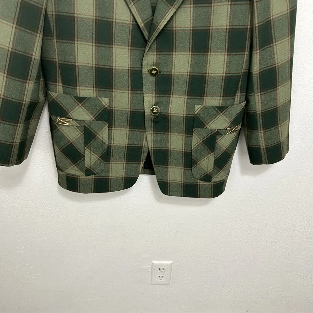 VTG John Keith Blazer Jacket Sport Coat Green Plaid Retro 70s Old Money Sz 42 R